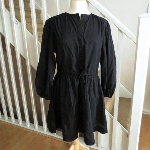 H&M Black Cotton Linen Blend Drawstring Summer Dress with Puff Blouse Sleeves - Picture 3 of 6